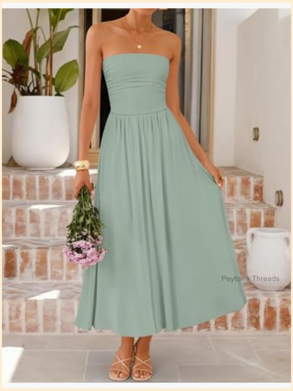 Strapless Ruched A-Line Midi Dress Sleeveless Flowy Wedding Guest - Picture 4 of 7